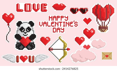 Juego de stickers de estilo de arte de píxeles de San Valentín. Globos, corazones, letras, varios objetos en forma de corazón