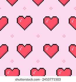 valentine's day pixel heart pattern, retro video game style, seamless pattern for background, wrapping paper, fabric and more, vector illustration