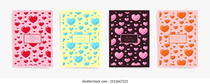 Valentine's day pixel hearts design template set. Modern pixel art layouts for poster, brochure, card, leaflet, banner. Retro 8 bit game style colorful mosaic pink, red hearts in A4 vertical frames.