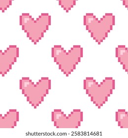 Valentine's Day pixel hearts seamless pattern. Retro style print for paper, packaging, textile, greeting card. Abstract vector illustration.