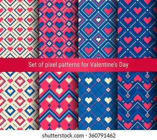 Valentine's Day pixel seamless pattern set in bright colors. Vector illustration.