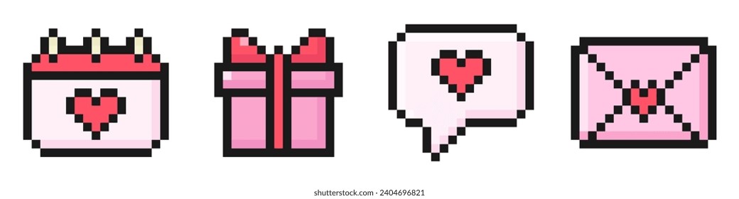 valentine's day pixel set of icons, vintage, 8 bit, 80s, 90s arcade game style, icons for game or mobile app, dialogue, letter, calendar, gift, vector illustration