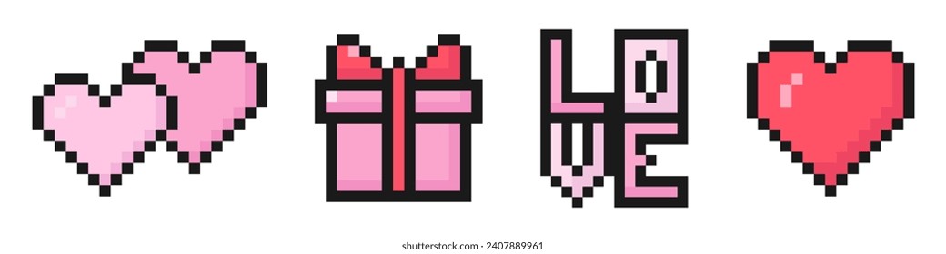 valentine's day pixel set of icons, vintage, 8 bit, 80s, 90s arcade game style, icons for game or mobile app, hearts, gift, love, vector illustration