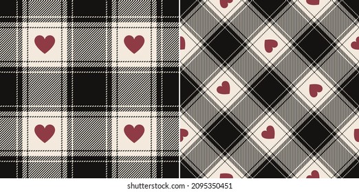 Valentines Day plaid pattern with hearts in black, red, off white. Seamless stitched buffalo check tartan for flannel shirt, scarf, blanket, other modern spring summer autumn winter fabric print.