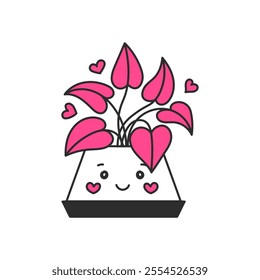 Valentines day plant with heart shaped leaves. Hand drawn potted houseplant with cute baby face pink love symbols in cartoon doodle style. Outline vector illustration