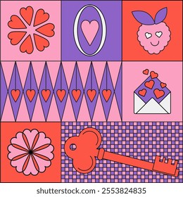 Valentines day. Playful Colorful Square composition with Hearts. 14 February. Retro Groovy Funny vibe. Simple shapes. Vibrant Background,Red and pink love. Magic Design elements. Geometric aesthetics