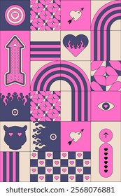 Valentines day. Playful Geometric composition with Hearts. Retro Groovy Funny Y2k vibe. Simple abstract shapes. Vibrant Background, love mood. Design elements. Neon Pink. Checkered print