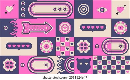 Valentines day. Playful Geometric Horizontal composition with Hearts. Retro Groovy Funny Y2k vibe. Simple abstract shapes. Vibrant Background, love mood. Design elements. Electic Pink. Checkered print