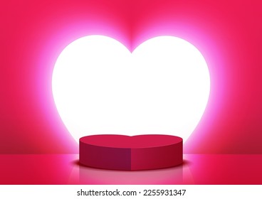 Valentine's day podium background with heart light and red platform for product display on pink background. Stage pedestal for advertising, sale, and show on Love Day.