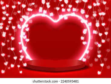 Valentine's day podium background with hearts shaped light decorative. Empty pedestal stage for product display with light neon glowing on Red background. Valentine background. Vector illustration.