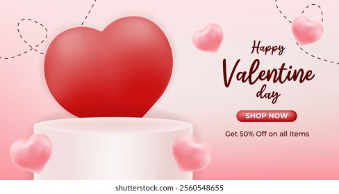 Valentine's Day podium design with Elegant red heart, romantic vibes, and 50% off on all items. events, promotions, banner or product displays