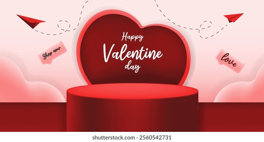 Valentine's Day podium design with a red heart-shaped backdrop, elegant pedestal, and paper planes, background. love-themed events, promotions, banner or product displays