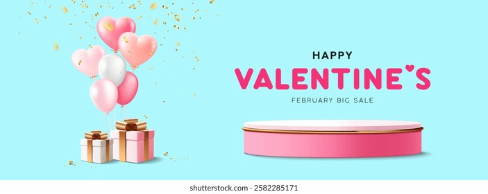 Valentines day podium display stage, heart shaped balloons and gift box gold ribbon, banner design on blue background, Eps 10 vector illustration
