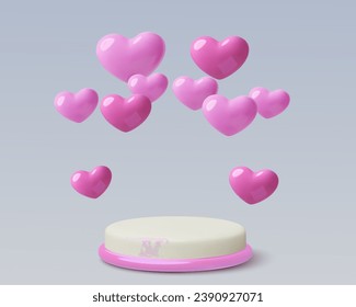 Valentine's day podium with glossy pink hearts arch. Romantic stage 3D background design for February 14, weddings or love anniversary. Three dimensional vector holiday illustration.