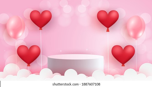 Valentine's day  podium with a hearts balloons on a pink background.