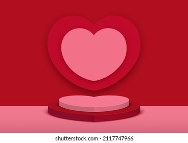 Valentine's day podium for product display decorated with heart shapes on studio Red and Pink background. Minimal style. Vector illustration.
