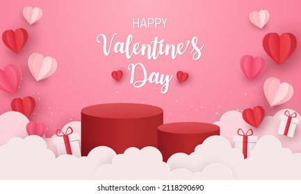 Valentine's day podium for product display. isolated on pink background. stand mockup presentation love and heart.vector illustration paper art style. copy space for text input. 