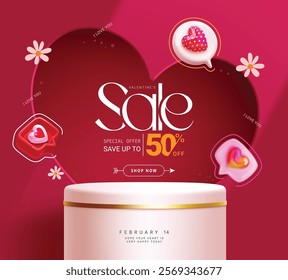 Valentine's day podium sale clipart design. Happy valentine's day special offer 50% off discount in red heart shape background with white podium for product display clip art. Vector illustration 