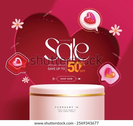 Valentine's day podium sale clipart design. Happy valentine's day special offer 50% off discount in red heart shape background with white podium for product display clip art. Vector illustration 