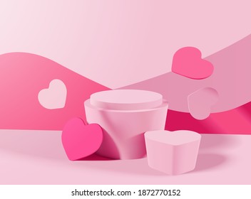 Valentine's day podium scene and heart shape 3d mockup for product display presentation vector