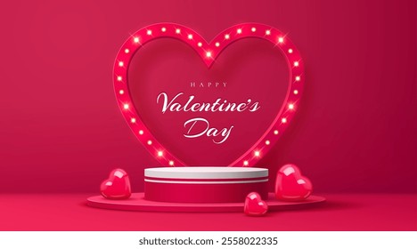 Valentines day podium stage with light frame and glossy hearts decorations. Realistic 3d vector elegant scene, vibrant red background highlights the festive atmosphere of love, celebration and romance