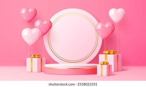 Valentines day podium stage pedestal with holiday gifts and heart balloons on pink background. Realistic 3d vector circular platform with gold accents for romantic celebration or festive presentations