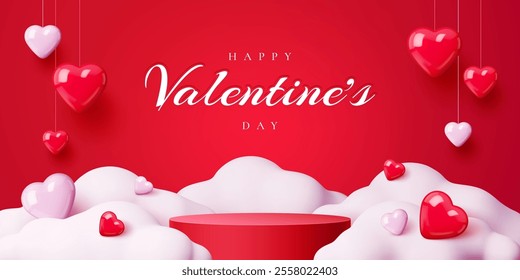 Valentines day podium stage pedestal with love hearts surrounded by white fluffy clouds. Realistic 3d vector romantic background for expressing love, romance, celebration, passion, festive promotions