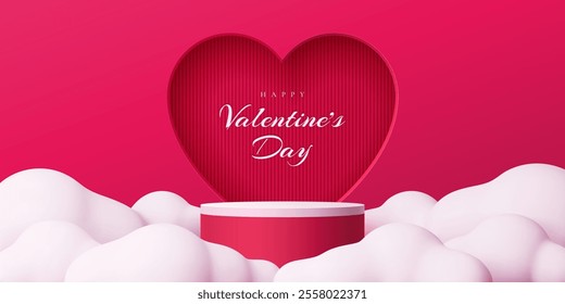 Valentines day podium stage with white clouds and heart shape arch. Realistic 3d vector circular platform or scene featuring a heart frame or arc for romantic celebrations, and festive presentations