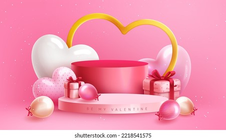 Valentinstag-Podium Vektorhintergrund-Design. Valentiner Podiumbühne mit Herzballons und Geschenk für Produktpräsentation. Vektorgrafik.
