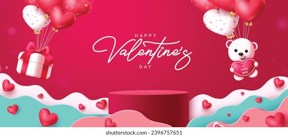 Diseño de pancartas vectoriales en el podio de San Valentín. Feliz día de San Valentín texto de saludo con escenario de podio y globos cardíacos volando en el fondo de elementos decorativos de corte de papel. Día de corazones de ilustraciones de vectores