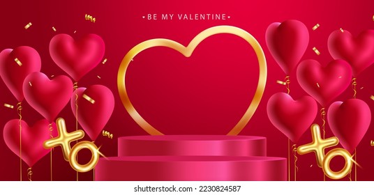 Valentine's day podium vector design. Be my valentine text with heart balloons and stage for product display presentation for holiday season background. Vector Illustration.
