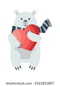 Valentine's day. Polar cartoon cute bear holding big heart in paws and isolated on white background for holiday cards. Vector.