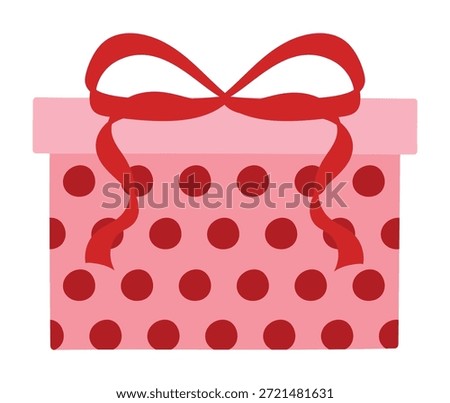 Valentine's Day polka dot gift box vector illustration with red bow and pink lid. Cute romantic present design for cards, invitations, stickers, labels and packaging.