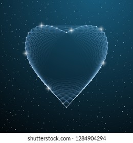 Valentines Day polygonal heart shape with dots, lines and stars on blue night sky. Vector illustration wireframe digital transparent heart template for happy Valentine Day