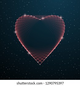 Valentines Day polygonal heart shape with dots, lines and stars on blue night sky. Vector illustration wireframe digital heart template for Valentine Day