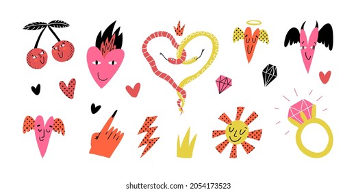 Valentine's Day pop art set. Various hearts, demon with horns, angel with halo and wings, in fire, sun with face, cherries and snake characters, diamonds, engagement ring, funny lightening, crown