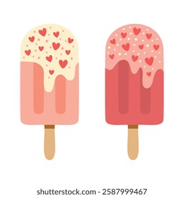 Valentines day popsicle ice cream vector set with hearts and sprinkles