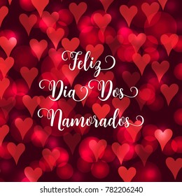 Valentine's day Portuguese text Feliz Dia Dos Namorados. Blurred defocused background with hearts. Vector illustration