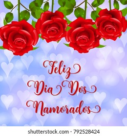 Valentine's day Portuguese text Feliz Dia Dos Namorados. Blurred defocused background with hearts and pink roses. Vector illustration.