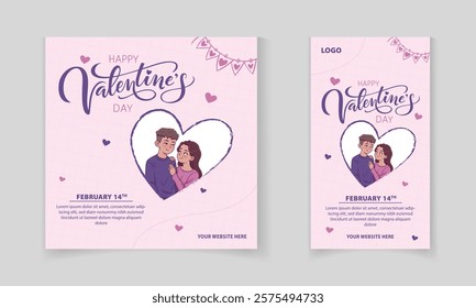 Valentine's Day post design with Cute Cartoon Couple in heart shape for social media post promotion