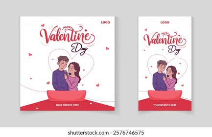 Valentine's Day post design with cute couple and heart shapes for marketing business on social media