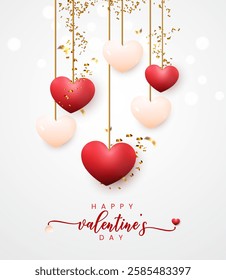 Valentine's Day post design vector with hanging red heart. Hanging realistic love with ribbon on a white background for Love Day. Mother's Day background design made with 3D love. Romantic background