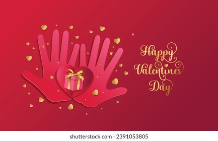 Valentines day post with illustration of open hands heart and gift box.