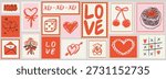 Valentines day post stamps in doodle sketch charcoal style. Wedding invitation postal elements with lettering for postcard prints. Love vector illustrations for mail, letters and scrapbook sticker set