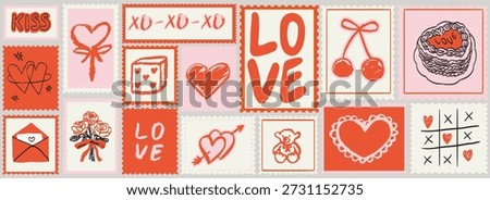 Valentines day post stamps in doodle sketch charcoal style. Wedding invitation postal elements with lettering for postcard prints. Love vector illustrations for mail, letters and scrapbook sticker set