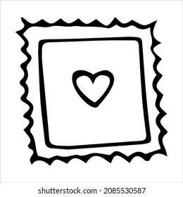 Valentine's Day postage stamp love heart doodle vector illustrations black and white hand drawn