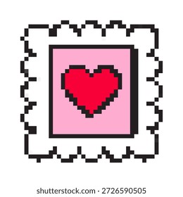 Valentine's Day postage stamp pixel art icon with a red heart. Retro 8-bit style mail symbol with scalloped edges. Romantic pixelated love letter sign isolated on white background.