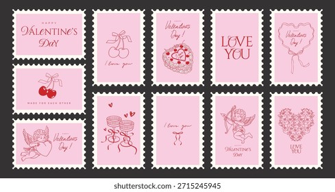 Carimbo postal Dia dos Namorados Conjunto com desenhos à mão Cupido rabiscos, cereja, bolo, arco e romântico ilustrações de arte de linha. Cartões antigos, adesivos, carimbo postal. Ilustração vetorial.