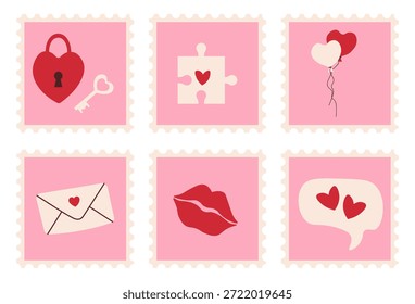 Día de San Valentín sello postal conjunto con el candado del corazón y la llave, pieza del rompecabezas, globos, carta de amor, beso labios y corazón chat burbuja sobre fondos rosados. Ilustración vectorial