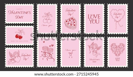 Valentine's Day postage stamp Set with hand drawn Cupid doodles, cherry, cake, bow and romantic line art illustrations. Vintage cards,  stickers, mail postmark. Vector illustration.